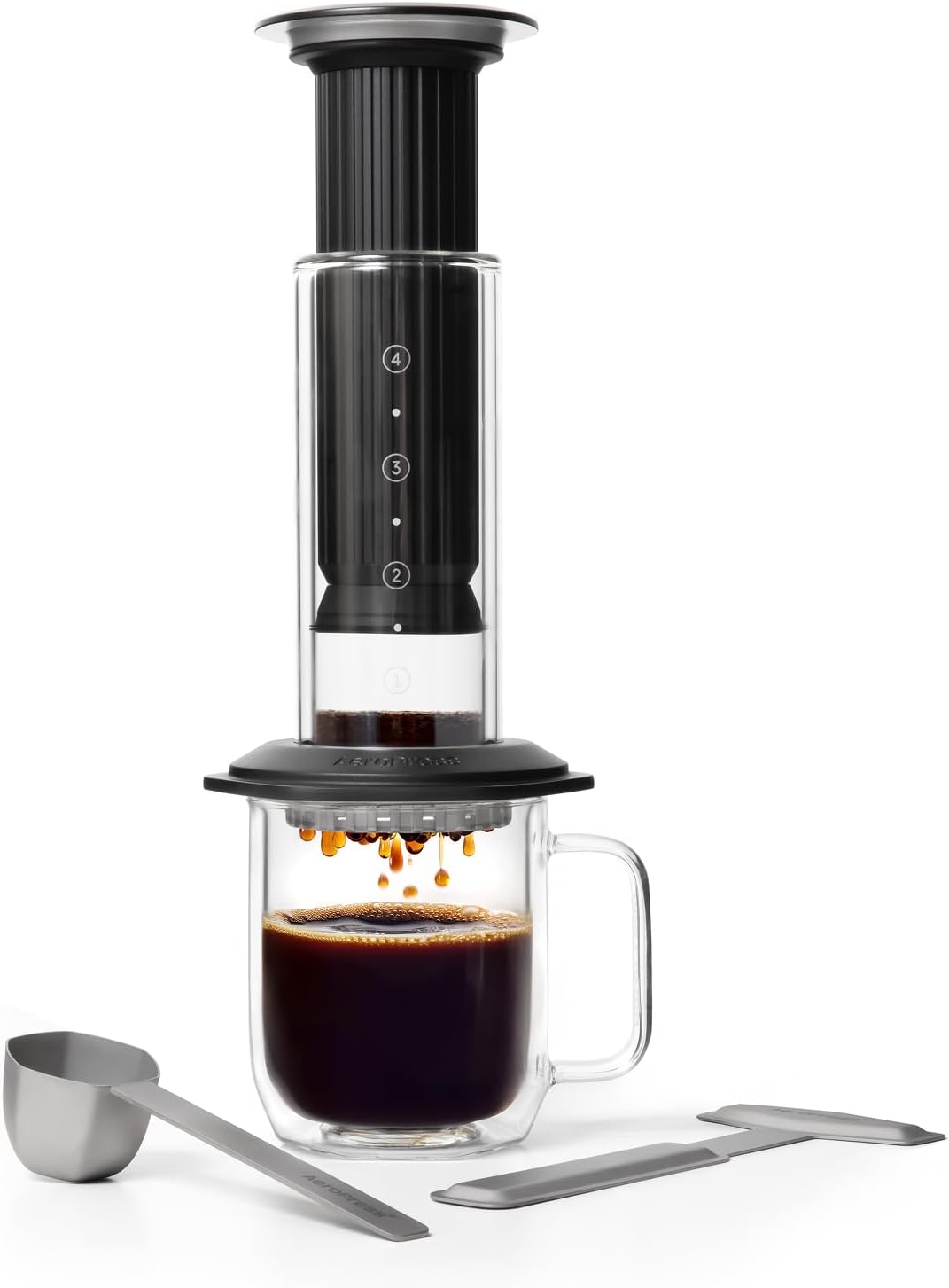 French Press Glass - Premium-Kaffeepresse, Glas, Edelstahl & Aluminium, Schwarz