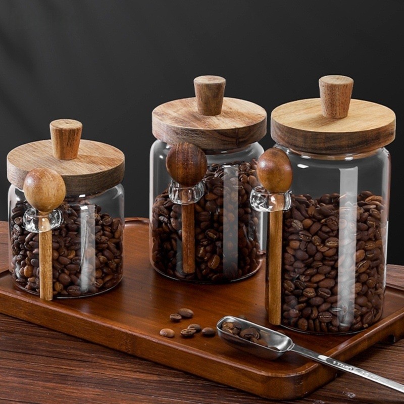 Coffee Tea Sugar Container Set - ABJI-Glasbehälter mit Holzdeckeln und Löffel, 13