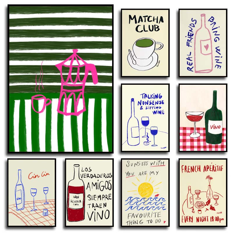Draw Coffee And Tea - 1 Stück rahmenloses Leinwandgemälde, bunte Zeichnungen,