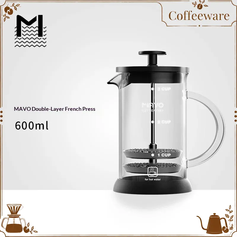 French Press Glass - MAVO French-Press-Kaffeemaschine mit Doppelmaschenfilter, 2 Tassen,